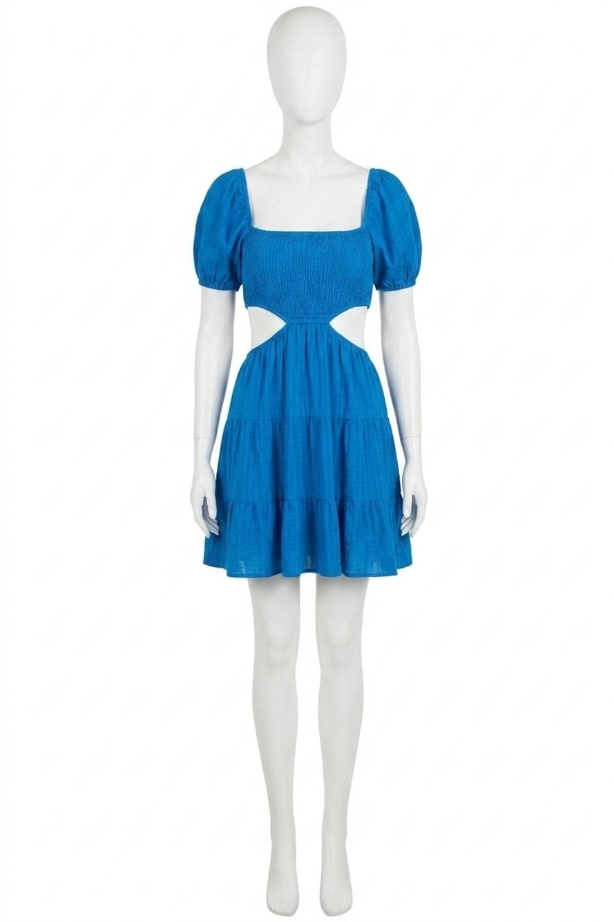 NEW OLIVACEOUS puff sleeve cutout mini dress in blue
